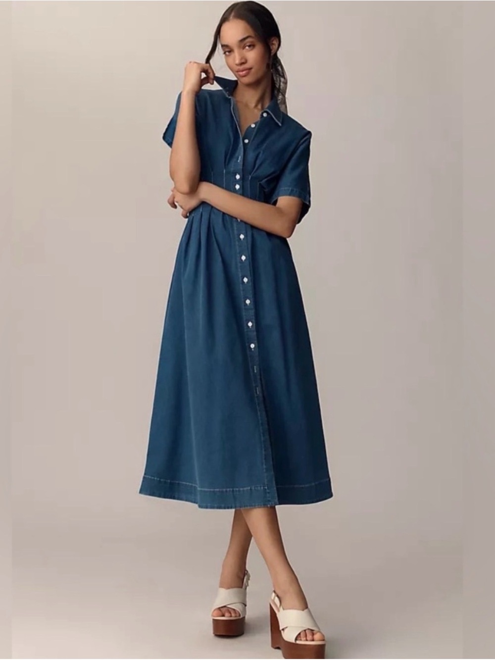 Anthropologie x Exquise The Tobie Button-Front Pleated Shirt Dress Denim 1X